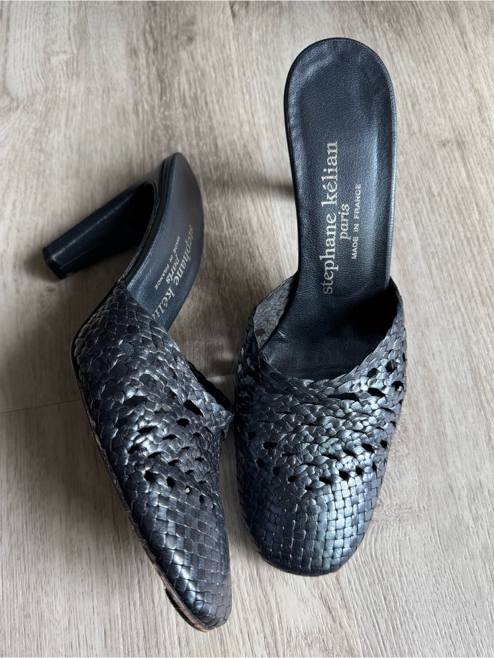 Vintage Stephane Kélian Paris Navy Blue Leather Woven Heeled Slip on Mules Sz 6